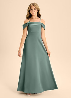 Azazie Anselie Junior Sea Moss A-Line Off the Shoulder Stretch Satin Dress image7