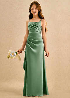 Azazie Cannoli Girls Formal Robe Demoiselle D'honneur Fillette Robe Trapèze en Mat Satiné Plissée Matcha image5