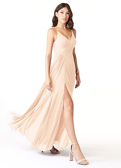 Azazie Evalin Bridesmaid Dresses Pearl Pink A-Line V-Neck Pleated Mesh Dress image3
