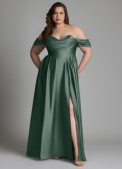 Azazie Loisa Vestidos de damas de honor Vestido Musgo Marino de Satén Elástico de Línea A con Hombros descubiertos image10