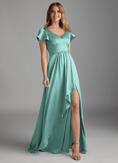 Azazie Omari Bridesmaid Dresses Aqua A-Line Stretch Satin Dress image1