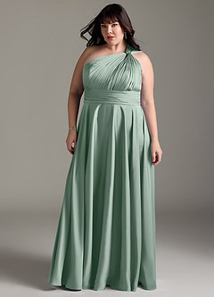Azazie Charlize Robes de demoiselle d'honneur Robe Trapèze en Satin extensible Asymétrique Agave image13