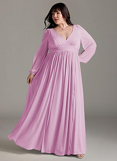 Azazie Norah Bridesmaid Dresses Candy Pink A-Line V-Neck Long Sleeve Chiffon Dress image8