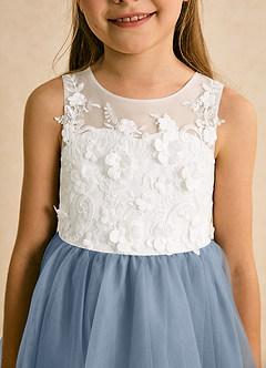 Azazie Lina Flower Girl Dresses Ivory Dusty Blue Ball-Gown Lace Dress image8