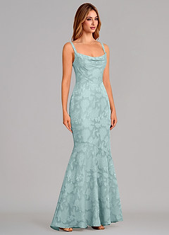 Azazie Aubrey 신부 들러리 드레스 인어 절하다 플로럴 번아웃 바닥 길이 드레스 image4