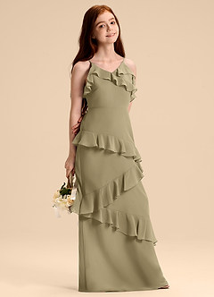 Azazie Evara Junior Robe Trapèze en Mousseline de soie Vert Mousse image6