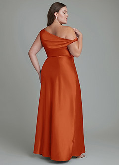 Azazie Emerson Bridesmaid Dresses Paprika Mermaid Off the Shoulder Metallic Satin Dress image2