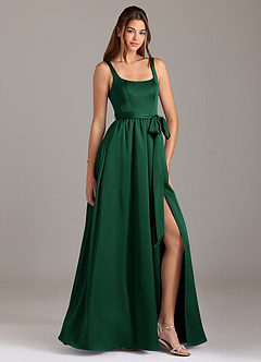Azazie Elliott Bridesmaid Dresses Dark Green A-Line with Pockets Stretch Satin Dress image1