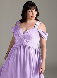 Azazie Lianne Bridesmaid Dresses Lilac A-Line Off the Shoulder Stretch Satin Dress image14
