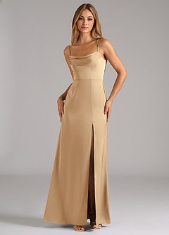 Azazie Callan Bridesmaid Dresses Champagne A-Line Pleated Stretch Satin Convertible Dress image5