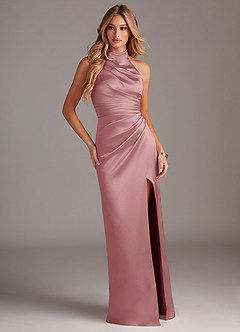 Azazie Jemma Vestidos de damas de honor Vestido de Rosa Polvorienta de Satén Elástico de Corte Recto con Plisado image3