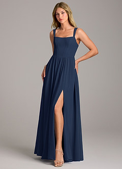 Azazie Rosaline Bridesmaid Dresses Dark Navy A-Line Side Slit Chiffon Dress image3