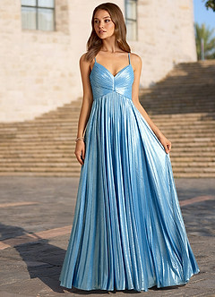 Luna Mirage Aqua Blue A-line Metallic Prom Dress image4