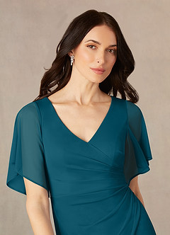 Azazie Selah Mother of the Bride Dresses Ink Blue A-Line V-Neck ruched Mesh Dress image3
