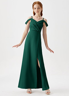 Azazie Ocean Junior Emerald A-Line Off the Shoulder Stretch Satin Dress image1