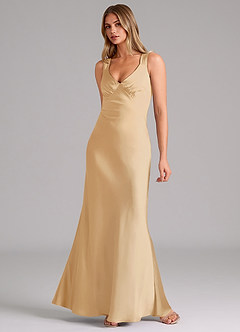 Azazie Kamila Brautjungfernkleider A-Linie Plissee Stretch-Satin Kleid Gold image3