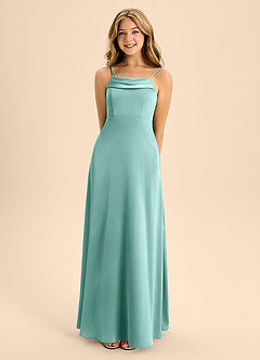 Azazie Anselie Junior Aqua A-Line Off the Shoulder Stretch Satin Dress image4