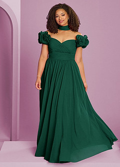 Barbie ♥ Azazie Robes de demoiselle d'honneur Robe Trapèze Convertible en Mousseline de soie Épaule décolletée émeraude image6