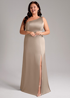 Azazie Phaedra Jurken voor bruidsmeisjes Jurk van Stretch Satijn met A-lijn One-shoulder Taupe image13