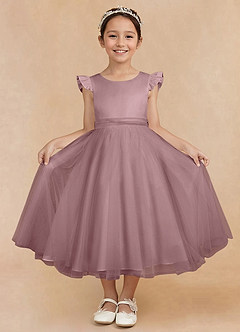 Azazie Hemi Robe Demoiselle D'honneur Fillette Robe Trapèze en Tulle Arc Rose Poussiéreuse image1