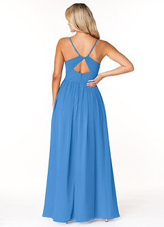Azazie Dominic Robes de demoiselle d'honneur Robe Trapèze en Mousseline de soie Col V plissé Geai Bleu image2