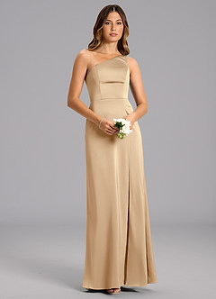 Azazie Phaedra Bridesmaid Dresses Champagne A-Line One Shoulder Stretch Satin Dress image4