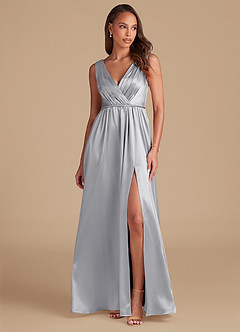 Azazie Tanicia Bridesmaid Dresses Silver A-Line Pleated Metallic Satin Dress image1