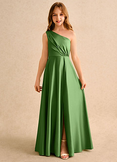 Azazie Puddles Girls Formal Flower Girl Dresses Basil A-Line One Shoulder Matte Satin Dress image4