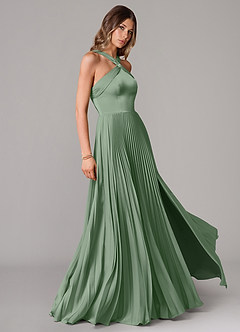 Azazie Afra Bridesmaid Dresses Matcha A-Line Pleated Stretch Satin Dress image3