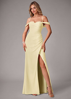 Azazie Haisley Bridesmaid Dresses Lemon Sorbet Sheath Off the Shoulder Chiffon Convertible Dress image5