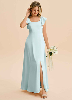 Azazie Bondi Junior Vestido Vidro Marinho de Cetim elástico de Linha A com Fenda Lateral image3