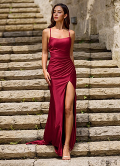 Luminous Wine Spaghetti Straps Stretch Satin Open Back Prom Dress image5