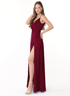 Azazie Dalilah Bridesmaid Dresses Burgundy A-Line V-Neck Pleated Stretch Satin Dress image3