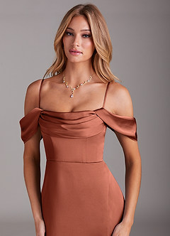 Azazie Saige Bridesmaid Dresses Clay Sheath Off the Shoulder Stretch Satin Dress image2