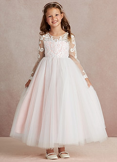 Azazie Elodie Flower Girl Dresses Ivory Blushing Pink Ball-Gown Lace Dress image3