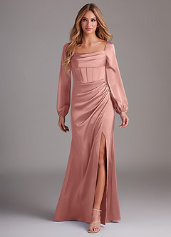 Azazie Charissa Brautjungfernkleider Etui Langarm Stretch-Satin Kleid Rosettenrosa image1