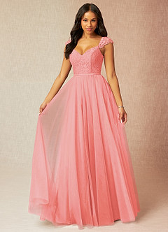 Azazie Luxi Bridesmaid Dresses Coral A-Line Pleated Tulle Dress image1