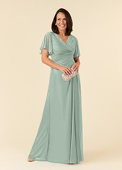 Azazie Emmeline Mother of the Bride Dresses Agave A-Line V-Neck Pleated Mesh Dress image6
