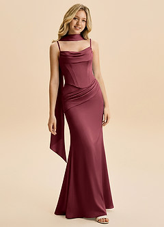 Azazie Sorrel Junior Robe Sirène en Satin extensible Rayé Merlot image1