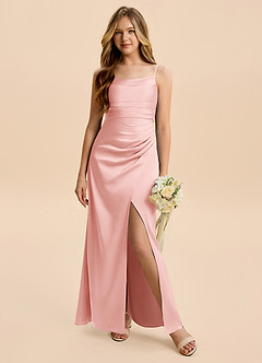 Azazie Minnie Junior Powder Pink Sheath Ruched Stretch Satin Dress image4