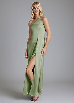 Azazie Phaedra Vestidos de damas de honor Vestido de Salvia Polvorienta de Satén Elástico de Corte en A con Hombro unilateral image3