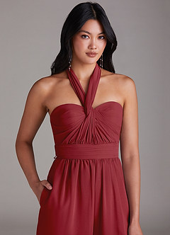 Azazie Lamara Bridesmaid Dresses Pomegranate Off the Shoulder Chiffon Convertible Jumpsuit image9