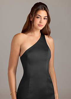 Azazie Arleth Bridesmaid Dresses Black A-Line One Shoulder Stretch Satin Dress image6