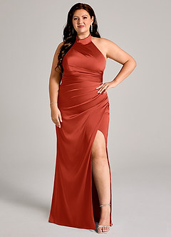 Azazie Jemma Bridesmaid Dresses Rust Sheath Pleated Stretch Satin Dress image10