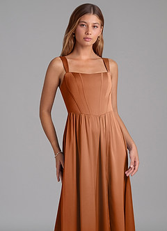Azazie Rosaline Robes de demoiselle d'honneur Robe Trapèze en Satin extensible Fente Latérale Cuivre image6