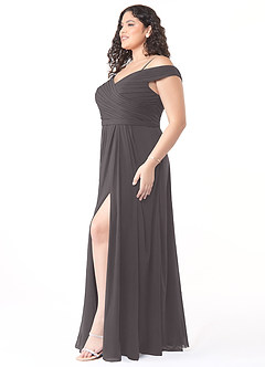 Azazie Audrianna Vestidos de damas de honor Vestido de Gris Acero de Gasa de Corte En A Convertible con Hombros descubiertos image9