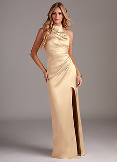 Azazie Jemma Bridesmaid Dresses Champagne Sheath Pleated Stretch Satin Dress image3