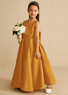 Azazie Pipsy Flower Girl Dresses Butterscotch A-Line Bow Matte Satin Dress image2