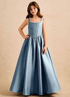 Azazie Enid Girls Formal Blomsterpigekjoler A-Line Perlebesat Stræk satin Gulv-længde Kjole image4