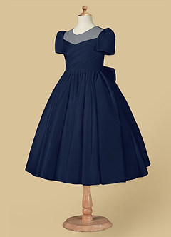 Azazie Anirra Flower Girl Dresses Dark Navy Ball-Gown Pleated Matte Satin Dress image7